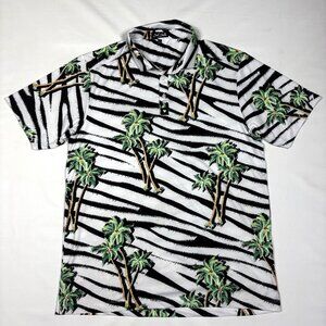 Bad Birdie White Safari Striped w/ Palm Trees Performance Golf Polo Shirt Mens L